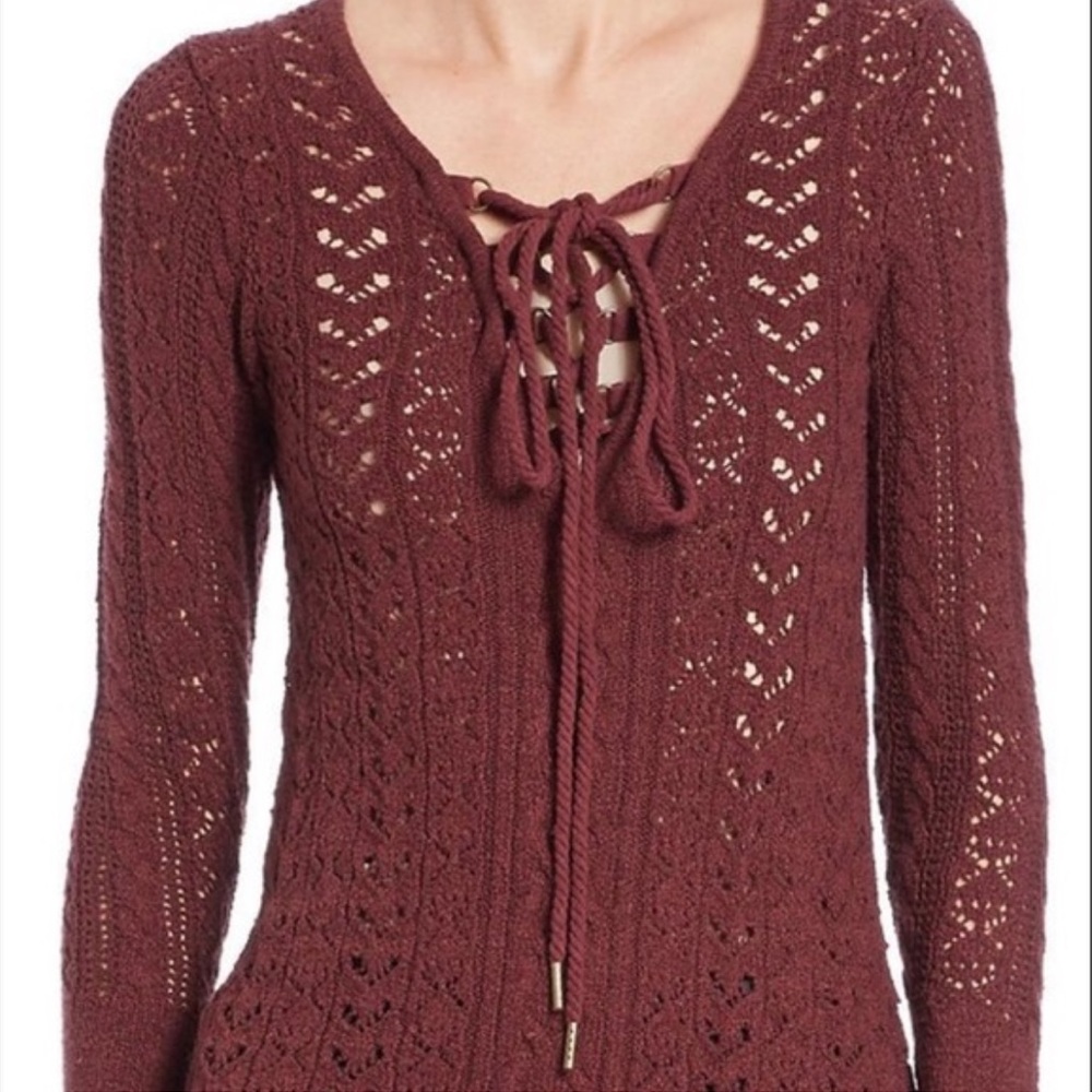 Free People Ginger Lace Up Sweater Burgundy XS Witchy Boho ASO Vampire Diaries
